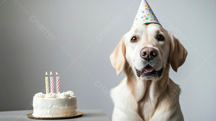 Cachorro Labrador creme com chapéu de festa e bolo de aniversário com velas acesas