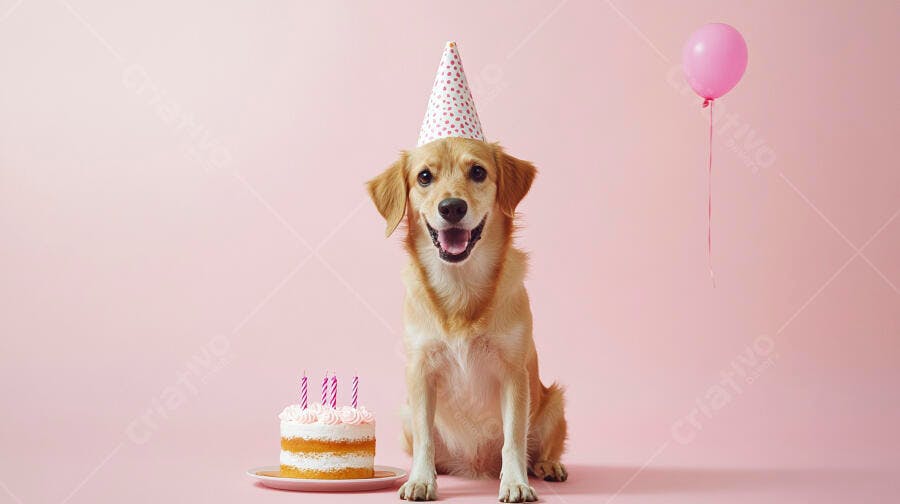 Cachorro Golden Retriever feliz com chapéu de festa bolo e balão rosa
