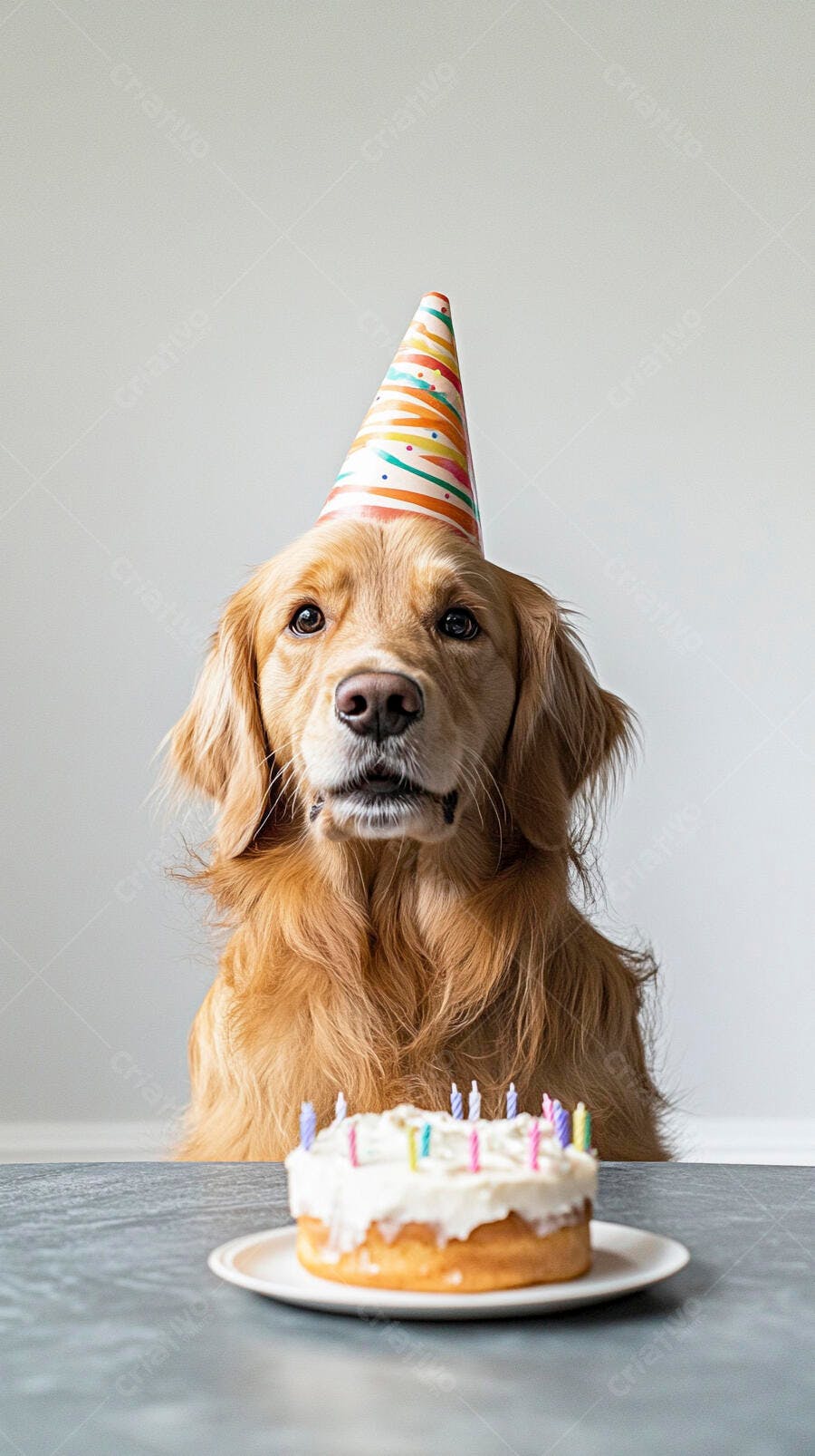 Cachorro Golden Retriever com chapéu de festa e bolo de aniversário