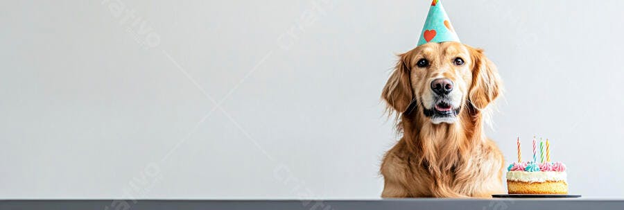Golden Retriever com chapéu de festa e bolo de aniversário em fundo branco