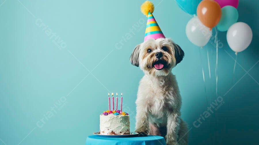 Cachorro fofo usando chapéu de aniversário colorido com bolo em fundo azul