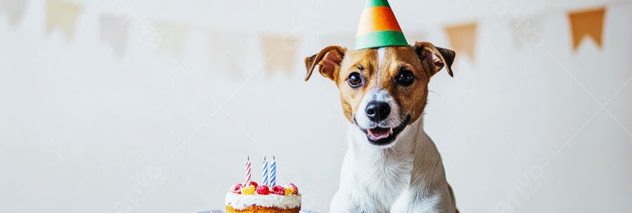 Cachorro Jack Russell feliz com chapéu de festa e bolo de aniversário