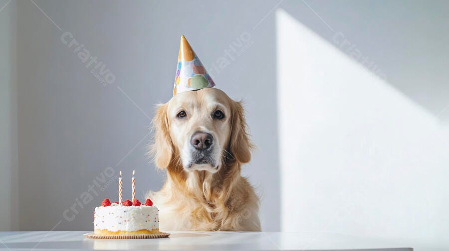 Cachorro Golden Retriever com chapéu de aniversário e bolo de frutas vermelhas