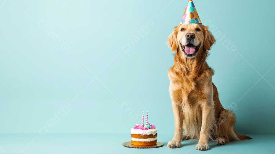 Golden Retriever feliz usando chapéu de festa com bolo de aniversário em fundo azul