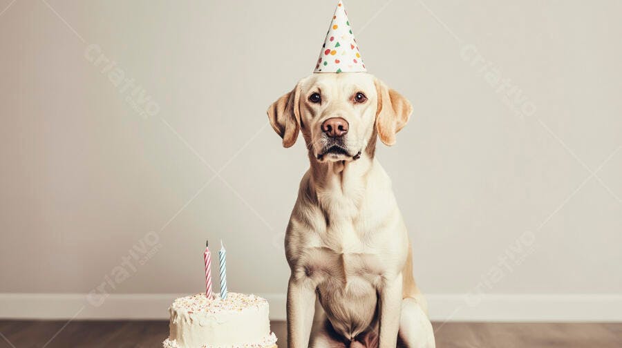 Cachorro Labrador creme usando chapéu de festa ao lado de bolo de aniversário