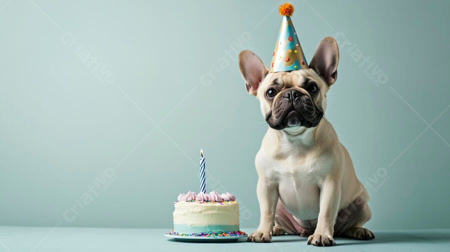 Buldogue francês fawn com chapéu de festa e bolo de aniversário azul claro