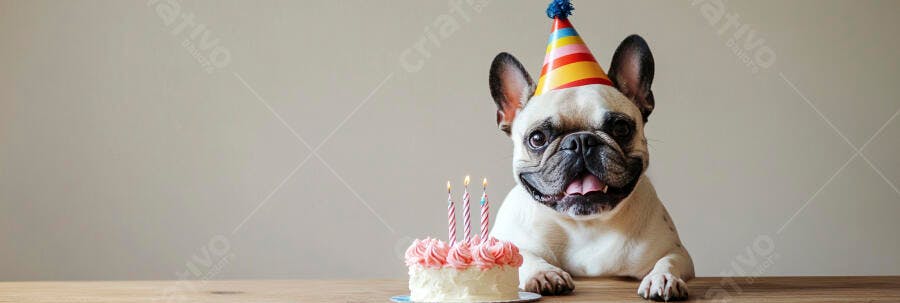 Buldogue francês feliz com chapéu de festa e bolo de aniversário