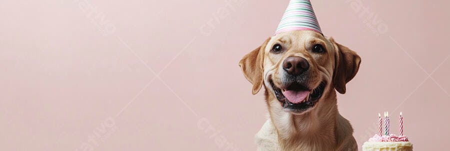 Cachorro labrador feliz com chapéu de festa e bolo de aniversário rosa