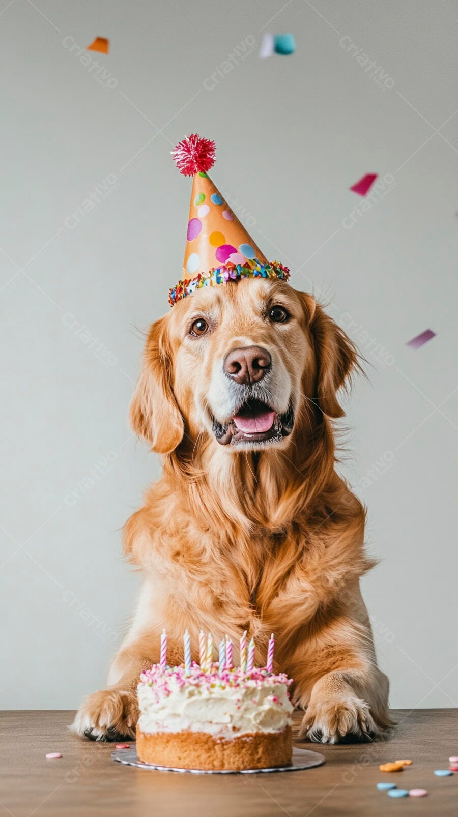 Golden Retriever feliz usando chapéu de aniversário colorido com bolo e velas acesas
