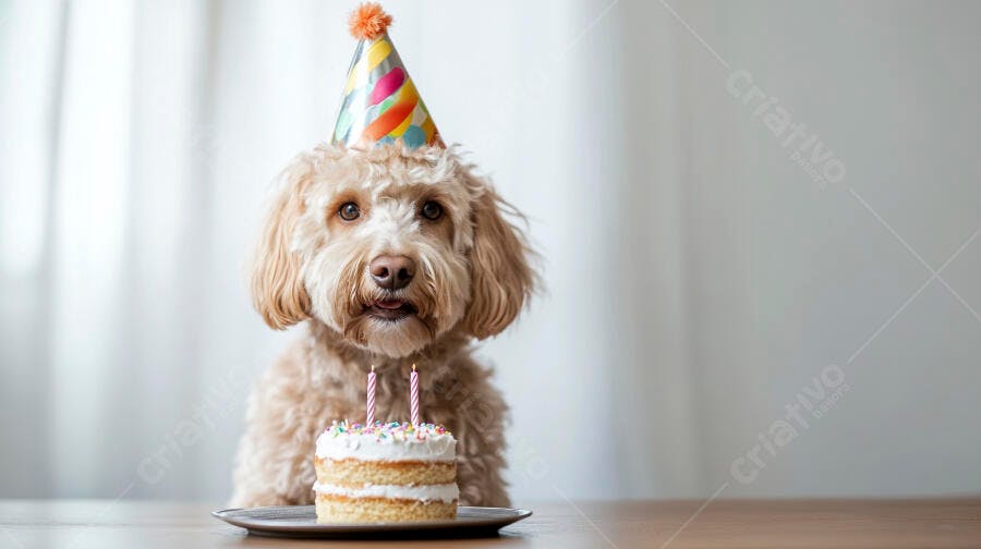 Cachorro Goldendoodle feliz com chapéu de festa e bolo de aniversário