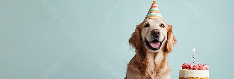 Cachorro Golden Retriever feliz com chapéu de festa e bolo de aniversário em estúdio
