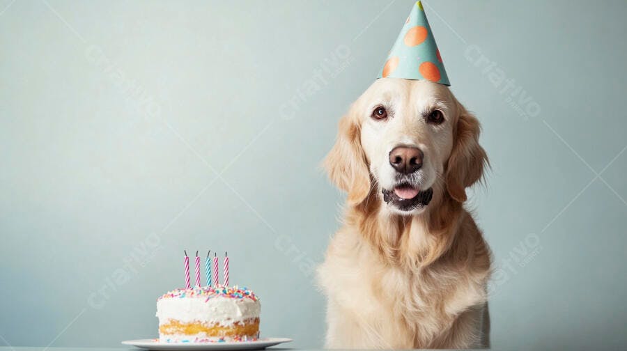 Cachorro Golden Retriever feliz com chapéu de festa azul e bolo colorido em estúdio