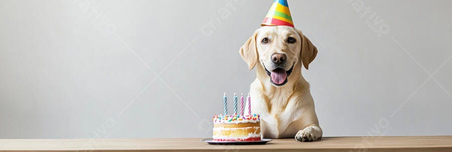 Labrador retriever amarelo feliz com chapéu de festa colorido e bolo de aniversário