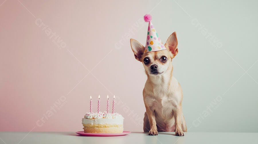 Cachorro Chihuahua em festa de aniversário com bolo e chapéu