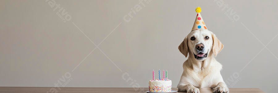 Cão Golden Retriever feliz com chapéu de festa e bolo de aniversário