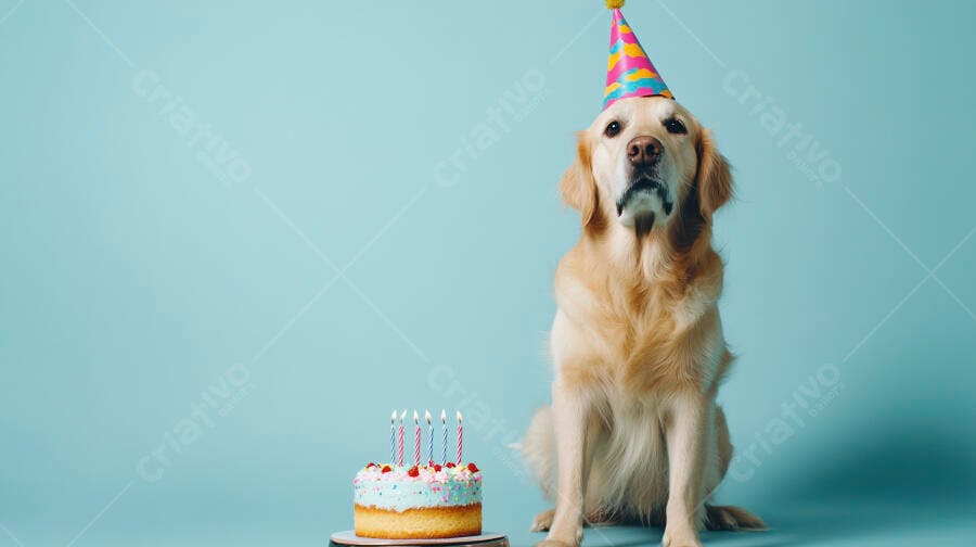 Cachorro Golden Retriever com chapéu de festa e bolo de aniversário azul