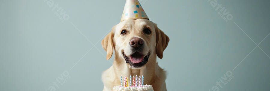 Cachorro Labrador feliz com chapéu de festa e bolo de aniversário em fundo azul