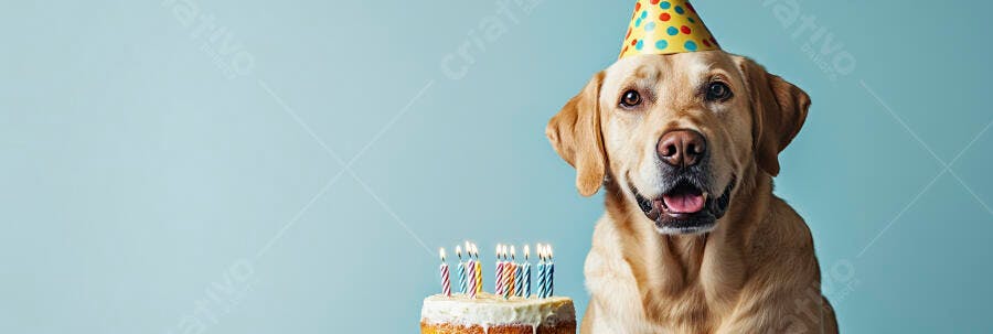 Cachorro Labrador feliz com chapéu de festa e bolo de aniversário em fundo azul