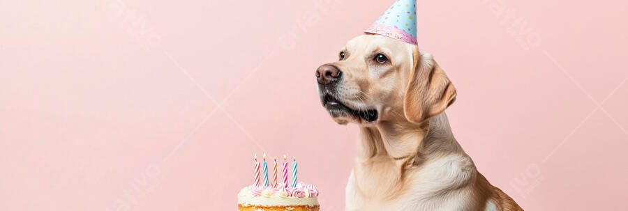Cachorro Labrador de chapéu de festa com bolo de aniversário e velas acesas em fundo rosa