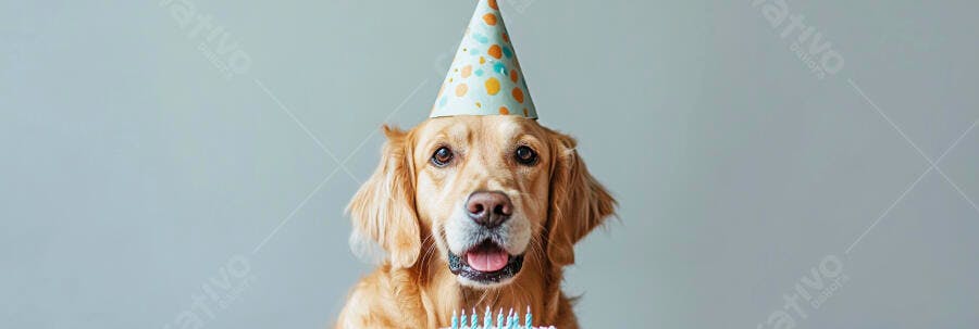 Cachorro Golden Retriever feliz com chapéu de festa celebrando aniversário