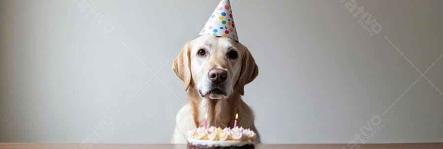Cachorro Labrador creme usando chapéu de festa e bolo de aniversário com velas acesas