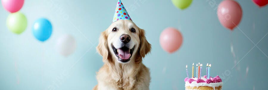 Cachorro Golden Retriever feliz com chapéu de festa e bolo de aniversário