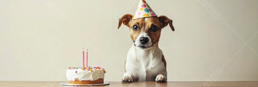 Cachorro Jack Russell com chapéu de festa e bolo de aniversário