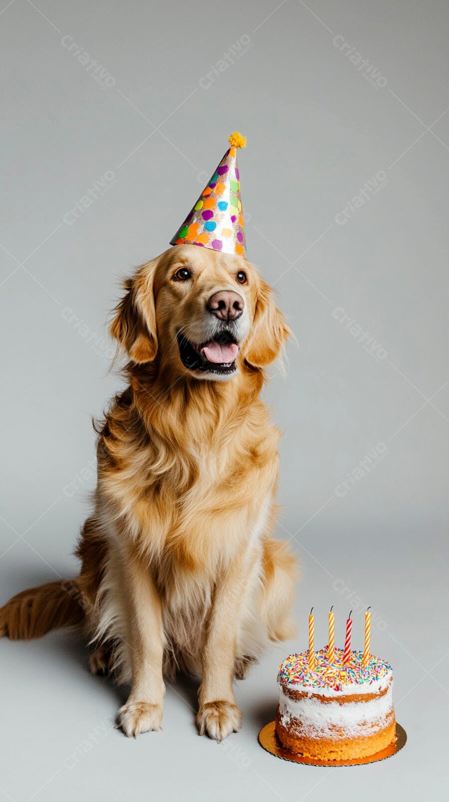 Golden Retriever feliz com chapéu de festa e bolo de aniversário