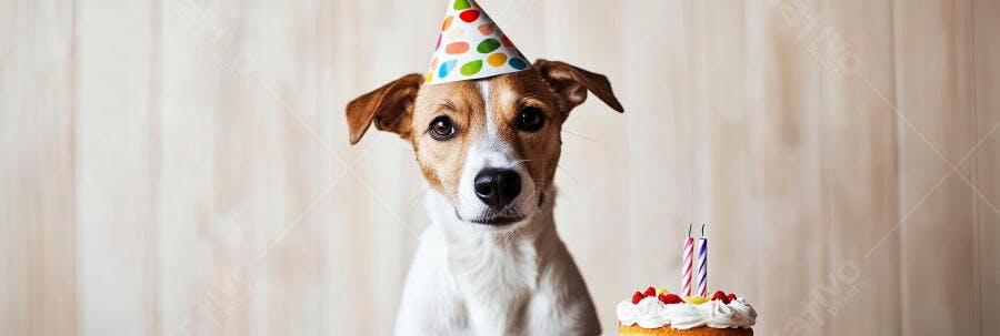 Cachorro Jack Russell terrier com chapéu de festa e bolo de aniversário