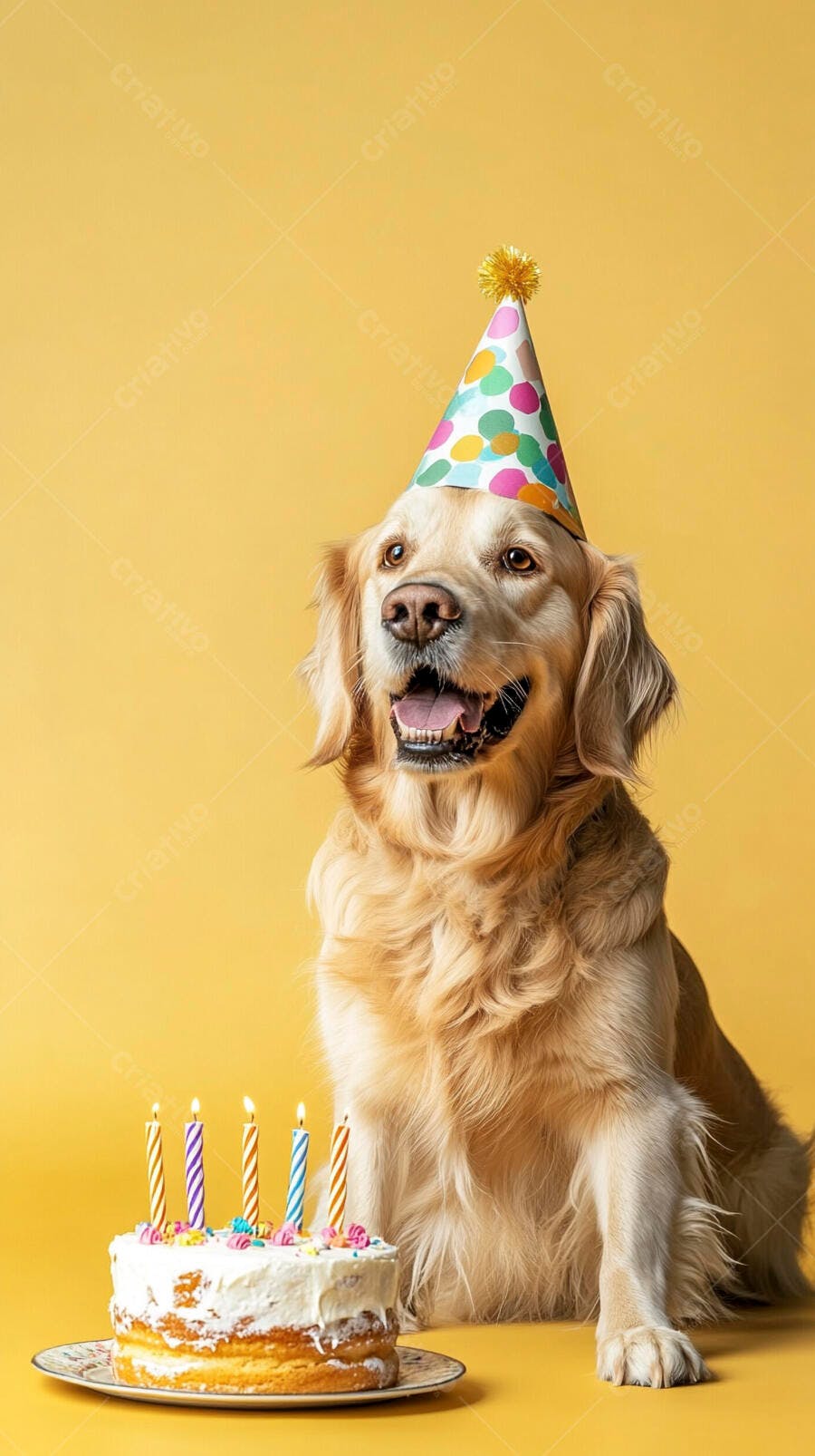 Cão Golden Retriever feliz com chapéu de festa e bolo de aniversário em fundo amarelo