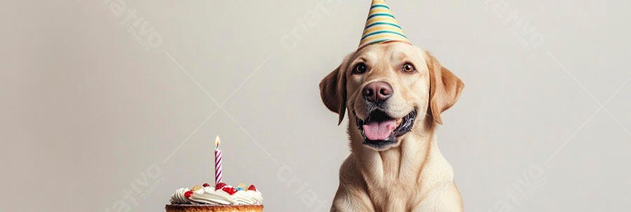 Cachorro Labrador feliz com chapéu de festa e bolo de aniversário vela acesa