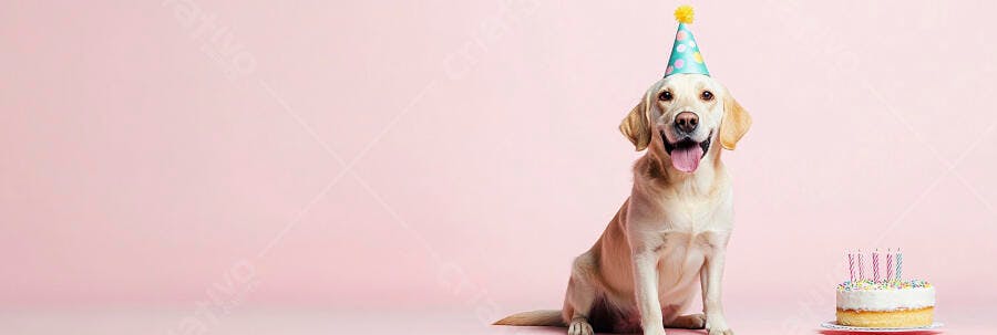 Cachorro labrador amarelo feliz com chapéu de festa e bolo de aniversário rosa