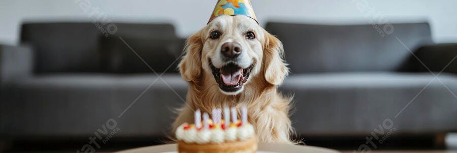 Golden Retriever feliz usando chapéu de festa com bolo de aniversário em casa