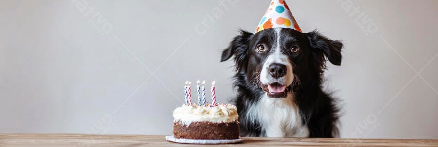 Cachorro Border Collie preto e branco com chapéu de festa e bolo de aniversário