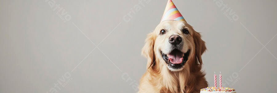 Cachorro Golden Retriever feliz com chapéu de festa e bolo de aniversário colorido