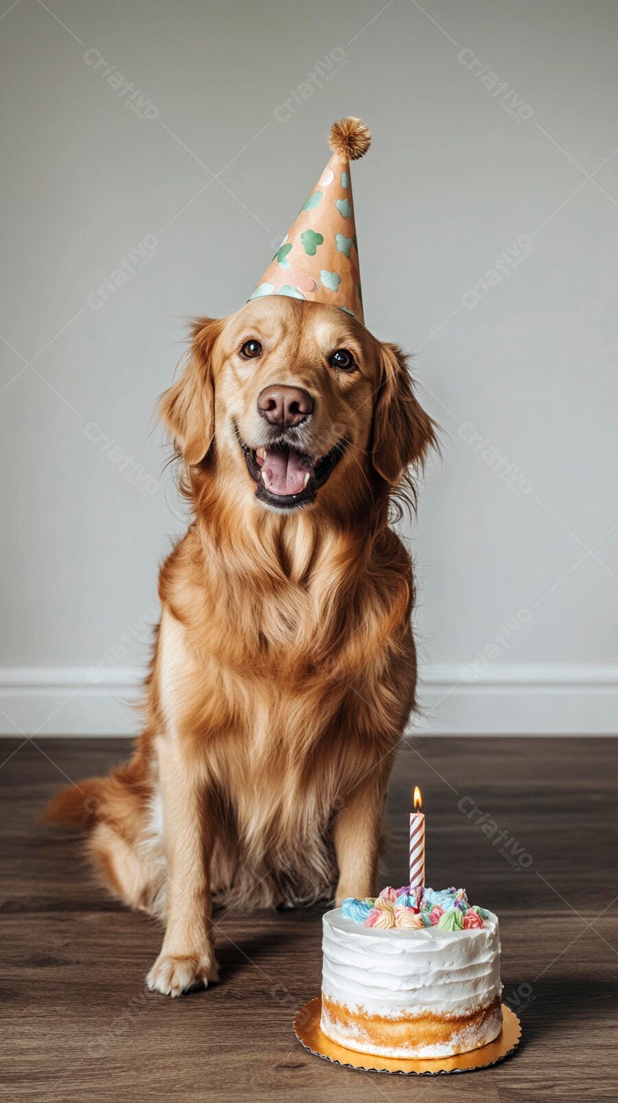 Cachorro Golden Retriever feliz com chapéu de festa e bolo de aniversário