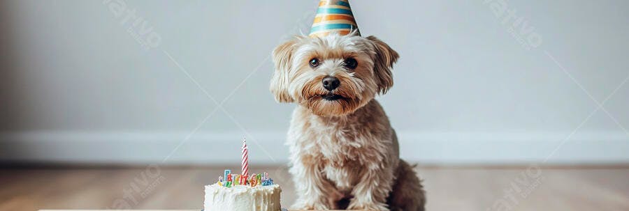 Cachorro fofo com chapéu de festa celebra aniversário com bolo e vela