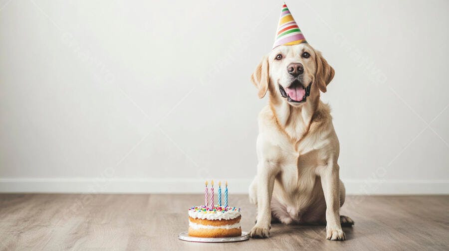 Cachorro Labrador dourado feliz com chapéu de festa e bolo de aniversário no chão