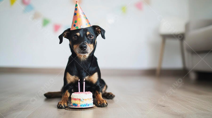 Cachorro preto e caramelo em festa de aniversário com chapéu e bolo