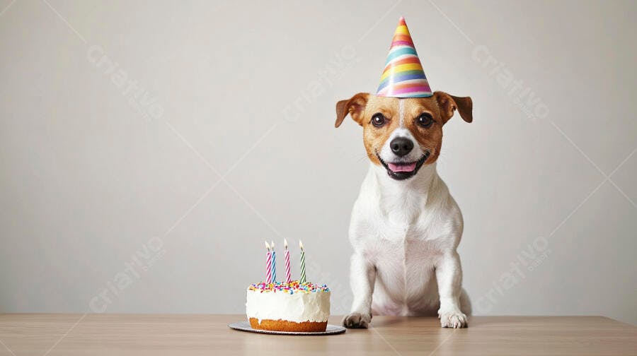 Cachorro feliz com chapéu colorido e bolo de aniversário