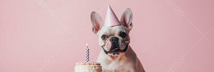Cachorro buldogue francês branco com chapéu de aniversário rosa e bolo festivo