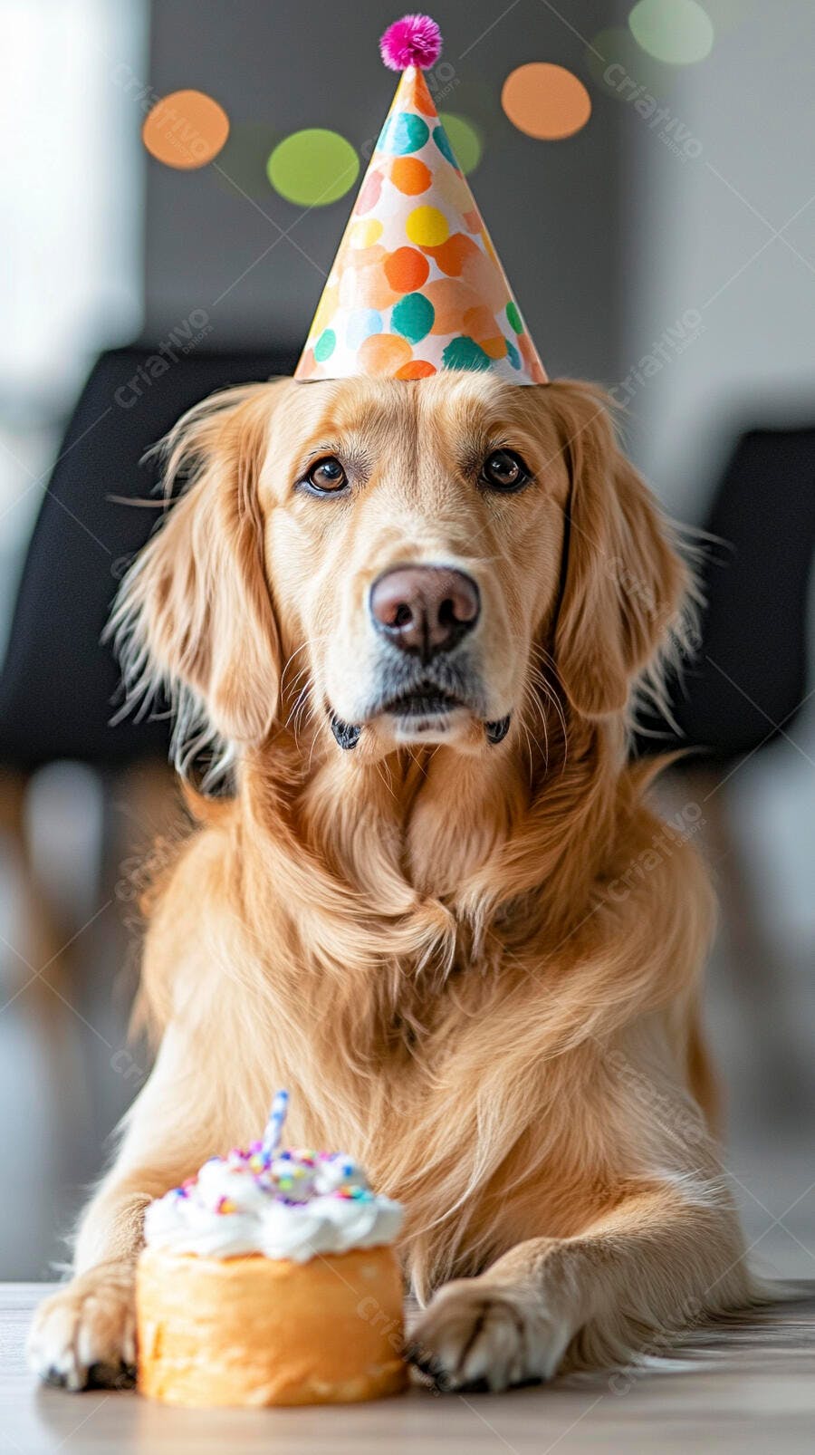 Golden Retriever usando chapéu de festa com bolo de aniversário