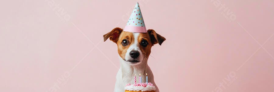 Cachorro Jack Russell usando chapéu de festa com bolo de aniversário em fundo rosa