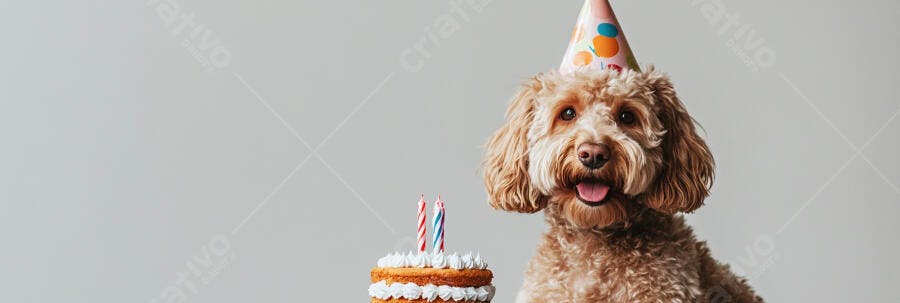 Cão Goldendoodle feliz com chapéu de festa e bolo de aniversário em estúdio