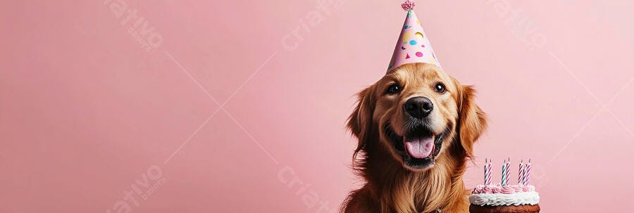 Golden Retriever feliz usando chapéu de festa rosa celebrando aniversário com bolo de chocolate