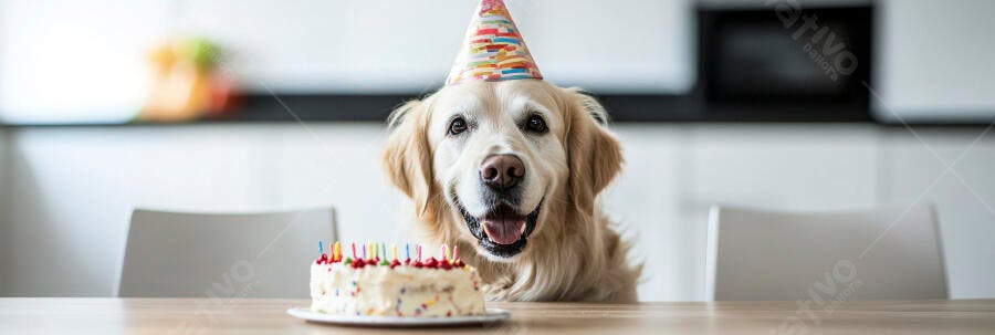 Cachorro Golden Retriever de chapéu de festa com bolo de aniversário e velas acesas