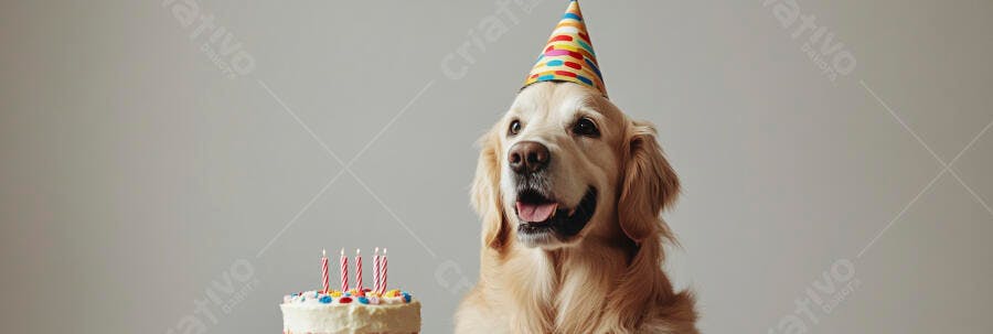 Cão Golden Retriever feliz com chapéu de festa e bolo de aniversário