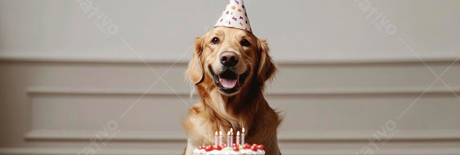 Cachorro Golden Retriever feliz com chapéu de festa e bolo de aniversário