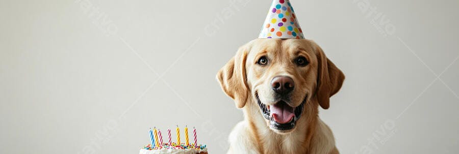 Cachorro Golden Retriever feliz usando chapéu de festa em seu aniversário com bolo