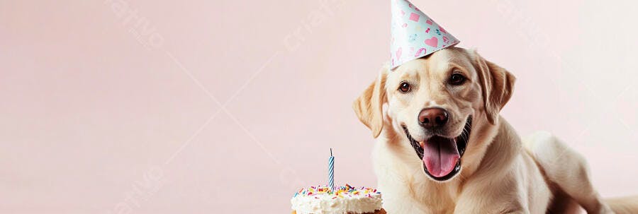 Cachorro Labrador feliz com chapéu de festa e bolo de aniversário rosa